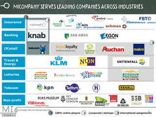 4 
(R)etail 
Telecom 
Insurance 
Travel & Energy 
Non-profit 
Banking 
1 
2 
Lotteries 
3 
Micompany serves leading companies across industries 
1 
2 
3 
100% online players 
(corporate) startups 
international assignments  