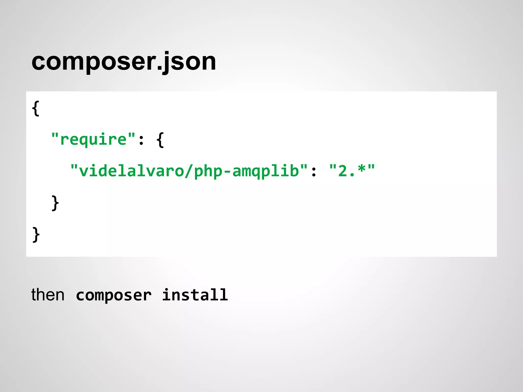composer.json 
{ 
"require": { 
"videlalvaro/php-amqplib": "2.*" 
} 
} 
then composer install 
 