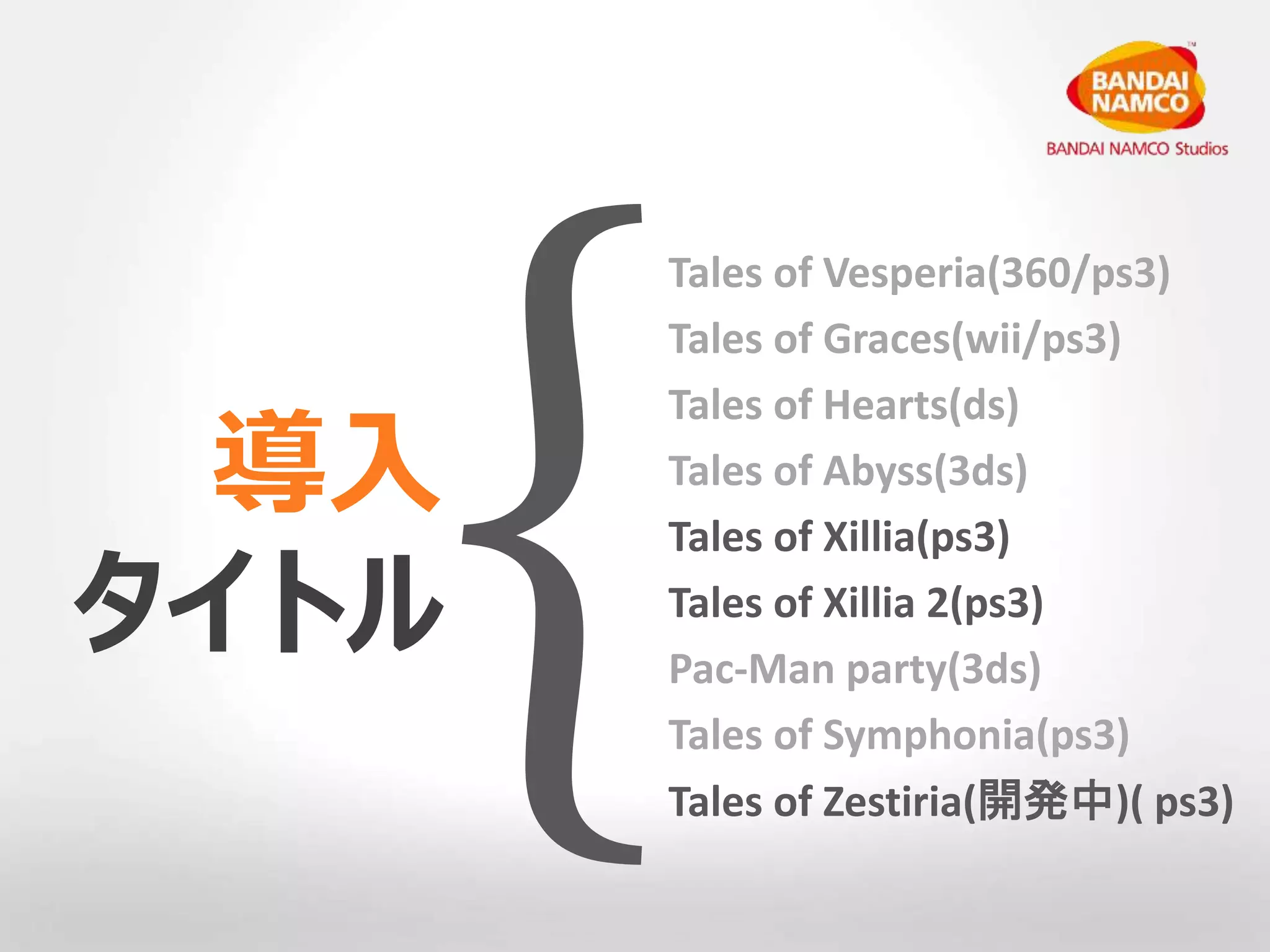導入 
タイトル 
Tales of Vesperia(360/ps3) 
Tales of Graces(wii/ps3) 
Tales of Hearts(ds) 
Tales of Abyss(3ds) 
Tales of Xillia(ps3) 
Tales of Xillia 2(ps3) 
Pac-Man party(3ds) 
Tales of Symphonia(ps3) 
Tales of Zestiria(開発中)( ps3) 
 