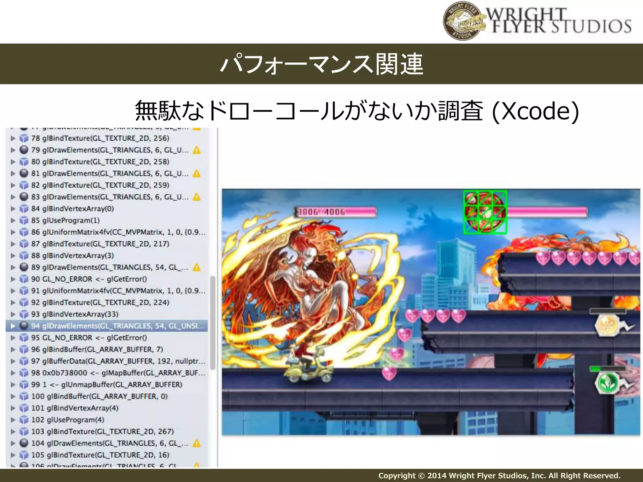 パフォーマンス関連 
無駄なドローコールがないか調査(Xcode) 
Copyright © 2014 Wright Flyer Studios, Inc. All Right Reserved. 
 