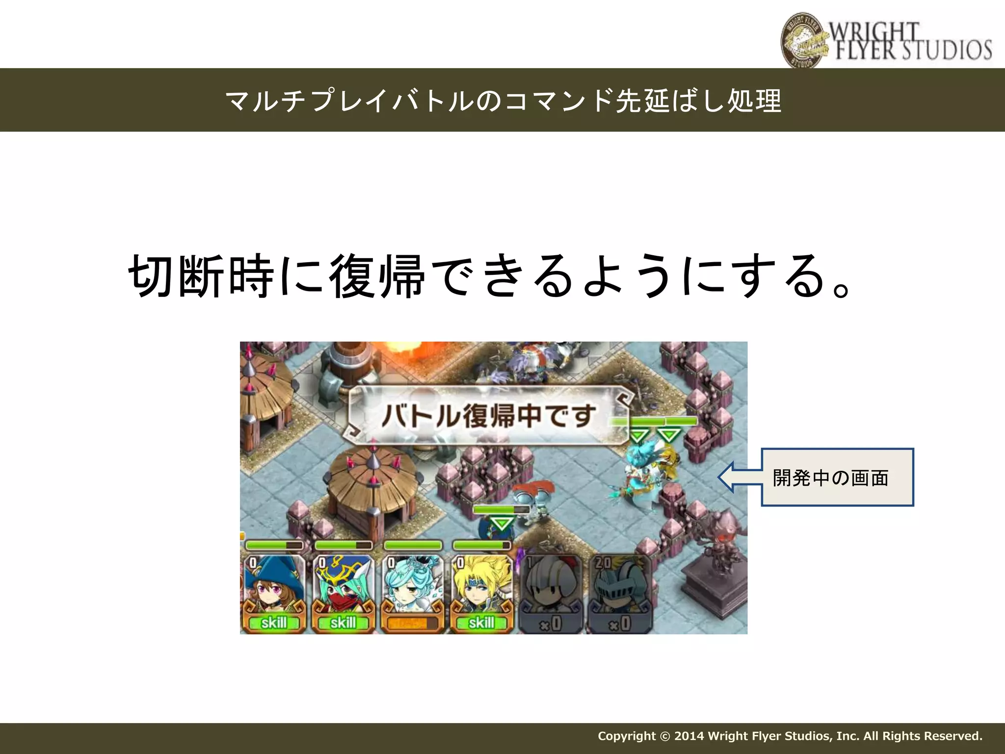 マルチプレイバトルのコマンド先延ばし処理 
切断時に復帰できるようにする。 
開発中の画面 
Copyright © 2014 Wright Flyer Studios, Inc. All Rights Reserved. 
 