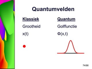 74/88 
Quantumvelden 
Klassiek 
Grootheid 
x(t) 
Quantum 
Golffunctie 
Φ(x,t) 
 