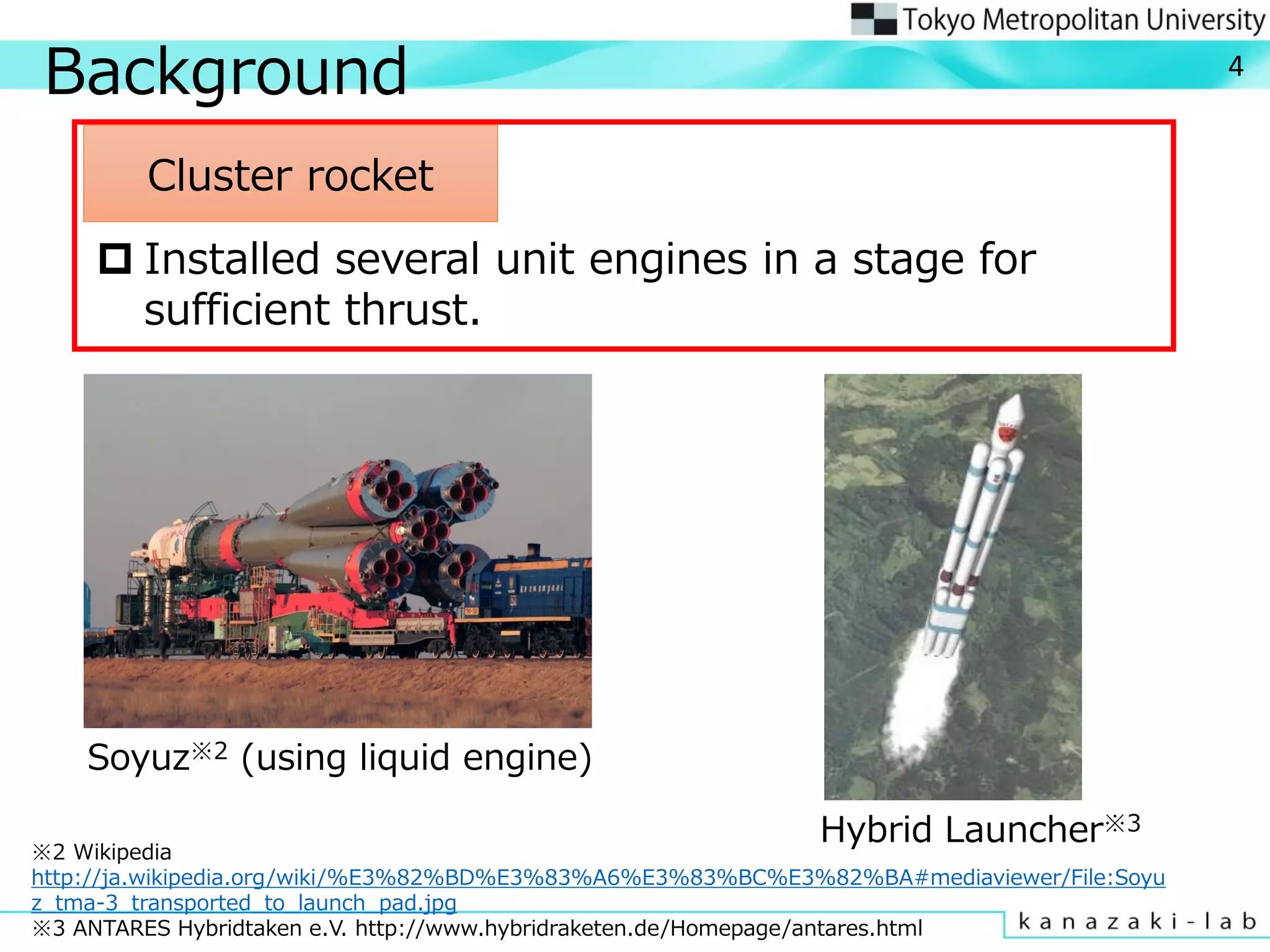 Background
Cluster rocket
 Installed several unit engines in a stage for
sufficient thrust.
4
Hybrid Launcher※3
Soyuz※2 (using liquid engine)
※2 Wikipedia
http://ja.wikipedia.org/wiki/%E3%82%BD%E3%83%A6%E3%83%BC%E3%82%BA#mediaviewer/File:Soyu
z_tma-3_transported_to_launch_pad.jpg
※3 ANTARES Hybridtaken e.V. http://www.hybridraketen.de/Homepage/antares.html
 