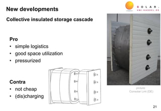 21
Pro
• simple logistics
• good space utilization
• pressurized
Contra
• not cheap
• (dis)charging
picture:
Consolar Lmt (DE)
New developments
Collective insulated storage cascade
 