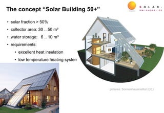 • solar fraction > 50%
• collector area: 30 .. 50 m²
• water storage: 6 .. 10 m³
• requirements:
• excellent heat insulation
• low temperature heating system
pictures: Sonnenhausinstitut (DE)
The concept “Solar Building 50+”
 