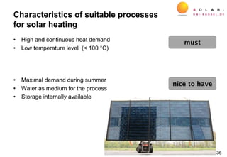 Characteristics of suitable processes
for solar heating
• High and continuous heat demand
• Low temperature level (< 100 °C)
• Maximal demand during summer
• Water as medium for the process
• Storage internally available
nice to have
must
36
 