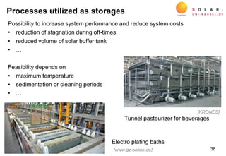Processes utilized as storages
Possibility to increase system performance and reduce system costs
• reduction of stagnation during off-times
• reduced volume of solar buffer tank
• …
Feasibility depends on
• maximum temperature
• sedimentation or cleaning periods
• …
38[www.gz-online.de]
[KRONES]
Electro plating baths
Tunnel pasteurizer for beverages
 