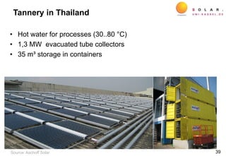 Tannery in Thailand
• Hot water for processes (30..80 °C)
• 1,3 MW evacuated tube collectors
• 35 m³ storage in containers
39Source: Aschoff Solar
 