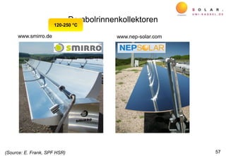 Parabolrinnenkollektoren
57
www.smirro.de
120-250 C
www.nep-solar.com
(Source: E. Frank, SPF HSR)
 