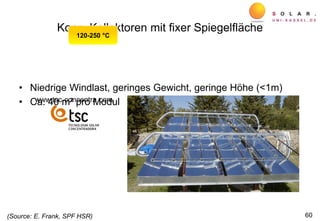 Konz. Kollektoren mit fixer Spiegelfläche
• Niedrige Windlast, geringes Gewicht, geringe Höhe (<1m)
• Ca. 40 m² pro Modul
60
www.tsc-concentra.com
(Source: E. Frank, SPF HSR)
120-250 C
 