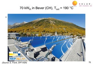 70 kWth in Bever (CH), Tout = 190 °C
• 115 m² zur Dampfbereitstellung
76(Source: E. Frank, SPF HSR)
 