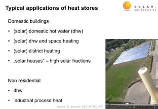 Domestic buildings
• (solar) domestic hot water (dhw)
• (solar) dhw and space heating
• (solar) district heating
• „solar houses“ – high solar fractions
Non residential
• dhw
• industrial process heat
9
Typical applications of heat stores
picture: C. Brunner, AEE INTEC (AT)
 