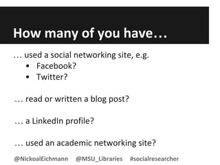 How many of you have…
… used a social networking site, e.g.
• Facebook?
• Twitter?
… read or written a blog post?
… a LinkedIn profile?
… used an academic networking site?
@NickoalEichmann @MSU_Libraries #socialresearcher
 