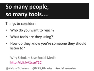 So many people,
so many tools…
Things to consider:
▪ Who do you want to reach?
▪ What tools are they using?
▪ How do they know you’re someone they should
listen to?
Why Scholars Use Social Media:
http://bit.ly/1xsnT2C
@NickoalEichmann @MSU_Libraries #socialresearcher
 