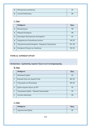 [23] 
5. Ζιεθηξνληθέο θαηαζθεπέο 2Δ 6. Αγγιηθά Δηδηθφηεηαο 2Θ 
Γ΄ Σάμε Μαζήκαηα Ώξεο 1. Ζιεθηξνηερλία 3Θ 2. Φεθηαθά ΢πζηήκαηα 3Θ 3. Δξγαζηήξην Ζιεθηξνληθψλ ΢πζηεκάησλ 6Δ 4. Γηαρείξηζε θαη Δγθαηάζηαζε Γηθηχσλ 1Θ+2Δ 5. Σειεπηθνηλσληαθά ΢πζηήκαηα - Δθαξκνγέο Σειεκαηηθήο 1Θ +4Δ 6. ΢πζηήκαηα Διέγρνπ θαη Αζθάιεηαο 1Θ+2Δ 
ΣΟΜΔΑ΢ ΓΟΜΗΚΧΝ ΔΡΓΧΝ 1.Δηδηθόηεηα : ΢ρεδηαζηήο Γνκηθώλ Έξγωλ θαη Γεωπιεξνθνξηθήο 
Β΄ Σάμε Μαζήκαηα Ώξεο 1. Οηθνδνκηθφ ΢ρέδην 4Δ 2. Κηηξηαθά Έξγα θαη Γνκηθά Τιηθά 4Θ+2Δ 3. Σνπνγξαθία θαη Πνιενδνκία 2Θ+2Δ 4. ΢ρέδην Γνκηθψλ Έξγσλ κε Ζ/Τ 5Δ 5. Σνπνγξαθηθφ ΢ρέδην - Φεθηαθή Υαξηνγξαθία 2Δ 6. Αγγιηθά εηδηθφηεηαο 2Θ 
Γ΄ Σάμε Μαζήκαηα Ώξεο 1. Αξρηηεθηνληθφ ΢ρέδην 4Δ  