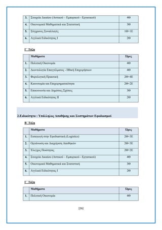 [26] 
3. ΢ηνηρεία Γηθαίνπ (Αζηηθνχ – Δκπνξηθνχ - Δξγαηηθνχ) 4Θ 4. Οηθνλνκηθά Μαζεκαηηθά θαη ΢ηαηηζηηθή 3Θ 5. ΢χγρξνλεο ΢πλαιιαγέο 1Θ+1Δ 6. Αγγιηθά Δηδηθφηεηαο I 2Θ 
Γ΄ Σάμε Μαζήκαηα Ώξεο 1. Πνιηηηθή Οηθνλνκία 4Θ 2. Γενληνινγία Δπαγγέικαηνο - Ζζηθή Δπηρεηξήζεσλ 4Θ 3. Φνξνινγηθή Πξαθηηθή 2Θ+4Δ 4. Καηλνηνκία θαη Δπηρεηξεκαηηθφηεηα 2Θ+2Δ 5. Δπηθνηλσλία θαη Γεκφζηεο ΢ρέζεηο 3Θ 6. Αγγιηθά Δηδηθφηεηαο II 2Θ 
2.Δηδηθόηεηα : Τπάιιεινο Απνζήθεο θαη ΢πζηεκάηωλ Δθνδηαζκνύ 
Β΄ Σάμε Μαζήκαηα Ώξεο 1. Δηζαγσγή ζηελ Δθνδηαζηηθή (Logistics) 2Θ+3Δ 2. Οξγάλσζε θαη Γηαρείξηζε Απνζεθψλ 2Θ+3Δ 3. Έιεγρνο Πνηφηεηαο 2Θ+2Δ 4. ΢ηνηρεία Γηθαίνπ (Αζηηθνχ – Δκπνξηθνχ - Δξγαηηθνχ) 4Θ 5. Οηθνλνκηθά Μαζεκαηηθά θαη ΢ηαηηζηηθή 3Θ 6. Αγγιηθά Δηδηθφηεηαο I 2Θ 
Γ΄ Σάμε Μαζήκαηα Ώξεο 1. Πνιηηηθή Οηθνλνκία 4Θ  