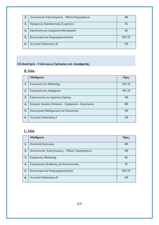 [27] 
2. Γενληνινγία Δπαγγέικαηνο - Ζζηθή Δπηρεηξήζεσλ 4Θ 3. Δθαξκνγέο Δθνδηαζηηθήο (Logistics) 5Δ 4. Οξγάλσζε θαη Γηαρείξηζε Μεηαθνξψλ 4Δ 5. Καηλνηνκία θαη Δπηρεηξεκαηηθφηεηα 2Θ+2Δ 6. Αγγιηθά Δηδηθφηεηαο II 2Θ 
3.Δηδηθόηεηα : Τπάιιεινο Δκπνξίαο θαη Γηαθήκηζεο 
Β΄ Σάμε Μαζήκαηα Ώξεο 1. Δηζαγσγή ζην Marketing 3Θ+3Δ 2. Δηζαγσγή ζηε Γηαθήκηζε 3Θ+2Δ 3. Δπηθνηλσλία θαη Γεκφζηεο ΢ρέζεηο 3Θ 4. ΢ηνηρεία Γηθαίνπ (Αζηηθνχ – Δκπνξηθνχ - Δξγαηηθνχ) 4Θ 5. Οηθνλνκηθά Μαζεκαηηθά θαη ΢ηαηηζηηθή 3Θ 6. Αγγιηθά Δηδηθφηεηαο I 2Θ 
Γ΄ Σάμε Μαζήκαηα Ώξεο 1. Πνιηηηθή Οηθνλνκία 4Θ 2. Γενληνινγία Δπαγγέικαηνο – Ζζηθή Δπηρεηξήζεσλ 4Θ 3. Δθαξκνγέο Marketing 4Δ 4. ΢ηξαηεγηθέο Πξνβνιήο θαη Δπηθνηλσλίαο 5Δ 5. Καηλνηνκία θαη Δπηρεηξεκαηηθφηεηα 2Θ+2Δ 6. Αγγιηθά Δηδηθφηεηαο II 2Θ 
 