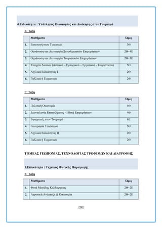 [28] 
4.Δηδηθόηεηα : Τπάιιεινο Οηθνλνκίαο θαη Γηνίθεζεο ζηνλ Σνπξηζκό 
Β΄ Σάμε Μαζήκαηα Ώξεο 1. Δηζαγσγή ζηνλ Σνπξηζκφ 3Θ 2. Οξγάλσζε θαη Λεηηνπξγία Ξελνδνρεηαθψλ Δπηρεηξήζεσλ 2Θ+4Δ 3. Οξγάλσζε θαη Λεηηνπξγία Σνπξηζηηθψλ Δπηρεηξήζεσλ 2Θ+3Δ 4. ΢ηνηρεία Γηθαίνπ (Αζηηθνχ – Δκπνξηθνχ – Δξγαηηθνχ - Σνπξηζηηθνχ) 5Θ 5. Αγγιηθά Δηδηθφηεηαο I 2Θ 6. Γαιιηθά ή Γεξκαληθά 2Θ 
Γ΄ Σάμε Μαζήκαηα Ώξεο 1. Πνιηηηθή Οηθνλνκία 4Θ 2. Γενληνινγία Δπαγγέικαηνο - Ζζηθή Δπηρεηξήζεσλ 4Θ 3. Δθαξκνγέο ζηνλ Σνπξηζκφ 6Δ 4. Γεσγξαθία Σνπξηζκνχ 5Θ 5. Αγγιηθά Δηδηθφηεηαο II 2Θ 6. Γαιιηθά ή Γεξκαληθά 2Θ 
ΣΟΜΔΑ΢ ΓΔΧΠΟΝΗΑ΢, ΣΔΥΝΟΛΟΓΗΑ΢ ΣΡΟΦΗΜΧΝ ΚΑΗ ΓΗΑΣΡΟΦΖ΢ 1.Δηδηθόηεηα : Σερληθόο Φπηηθήο Παξαγωγήο 
Β΄ Σάμε Μαζήκαηα Ώξεο 1. Φπηά Μεγάιεο Καιιηέξγεηαο 2Θ+2Δ 2. Αγξνηηθή Αλάπηπμε & Οηθνλνκία 2Θ+2Δ  
