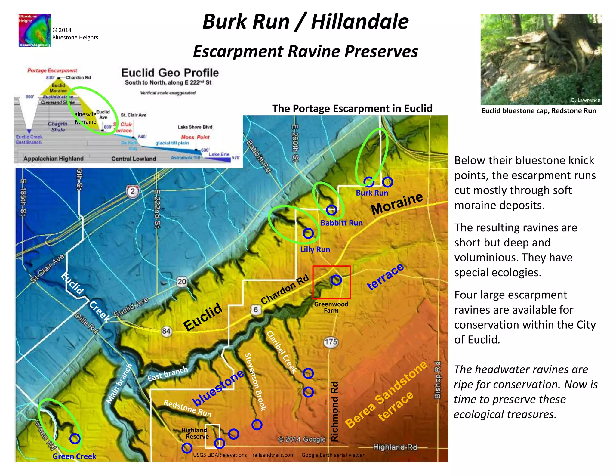 © 2014 
Bluestone Heights 
Escarpment Ravine Eco Inventory 
D. Lawrence 
Euclid bluestone cap, Redstone Run 
The Portage Escarpment in Euclid 
Burk Run 
Babbitt Run 
Greenwood 
Farm 
USGS LiDAR elevations railsandtrails.com Google Earth aerial viewer 
Green Creek 
Lilly Run 
With data in hand, we may 
find ways re-weave the 
nature-culture balance in favor 
of nature and toward a higher 
quality of life on the greater 
East Side. 
Highland 
Reserve 
Richmond Rd 
In 2015, Bluestone Heights 
will undertake an ecological 
inventory within each of the 
four ravines. The results will 
help determine the 
ecological value (natural 
capital) present within the 
City of Euclid. 
Burk Run at Hillandale is one 
of the four ravines. 
Burk Run / Hillandale 
 