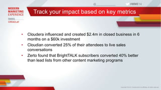 @_____________ #MME14 
Track your impact based on key metrics 
• Cloudera influenced and created $2.4m in closed business ...