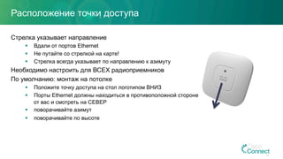 Расположение точки доступа
Стрелка указывает направление
§  Вдали от портов Ethernet
§  Не путайте со стрелкой на карте!
§  Стрелка всегда указывает по направлению к азимуту
Необходимо настроить для ВСЕХ радиоприемников
По умолчанию: монтаж на потолке
§  Положите точку доступа на стол логотипом ВНИЗ
§  Порты Ethernet должны находиться в противоположной стороне
от вас и смотреть на СЕВЕР
§  поворачивайте азимут
§  поворачивайте по высоте
26
 