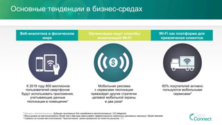 Основные тенденции в бизнес-средах
1 Данные о местоположении: Будущее приложений для определения местоположения, CIO Magazine
2 Фокусировка на местоположении более чем в два раза увеличивает эффективность мобильных рекламных кампаний, Mobile Marketer
3 Сервисы на основе местоположения: Перспективное, ориентированное на клиентов решение, IDC
Веб-аналитика в физическом
мире
Организации ищут способы
монетизации Wi-Fi
Wi-Fi как платформа для
привлечения клиентов
60% покупателей активно
пользуются мобильными
сервисами3
К 2018 году 800 миллионов
пользователей смартфонов
будут использовать приложения,
учитывающие данные
геолокации в помещении1
Мобильная реклама
с сервисами геолокации
превзойдет другие стратегии
целевой мобильной экраны
в два раза2
 