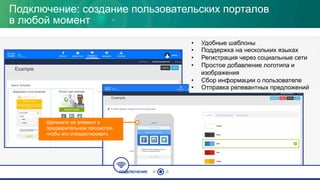 Подключение: создание пользовательских порталов
в любой момент
•  Удобные шаблоны
•  Поддержка на нескольких языках
•  Регистрация через социальные сети
•  Простое добавление логотипа и
изображения
•  Сбор информации о пользователе
•  Отправка релевантных предложений
ПОДКЛЮЧЕНИЕ
Щелкните на элемент в
предварительном просмотре,
чтобы его отредактировать
 