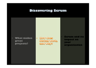 • What makes 
great 
projects? 
• Scrum and its 
impact on 
your 
organization 
 
