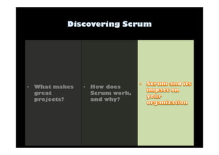• What makes 
great 
projects? 
• How does 
Scrum work, 
and why? 
 