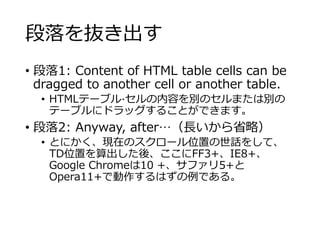 段落を抜き出す 
• 段落1: Content of HTML table cells can be 
dragged to another cell or another table. 
• HTMLテーブル·セルの内容を別のセルまたは別の 
テーブルにドラッグすることができます。 
• 段落2: Anyway, after…（長いから省略） 
• とにかく、現在のスクロール位置の世話をして、 
TD位置を算出した後、ここにFF3+、IE8+、 
Google Chromeは10 +、サファリ5+と 
Opera11+で動作するはずの例である。 
 