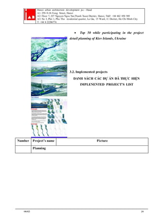 Hanoi urban architecture development jsc – Haad 
A1: 259–9-18-Vong Street, Hanoi 
A2: Floor 7, 227 Nguyen Ngoc Nai,Thanh Xuan District, Hanoi, T&F: +84 462 850 589 
A3: No 3, Plot 1, Phu Tho residential quarter, Lu Gia, 15 Ward, 11 District, Ho Chi Minh City 
T: +84 8 22286776 
 Top 50 while participating in the project 
detail planning of Kiev Islands, Ukraine 
3.2. Implemented projects 
DANH SÁCH CÁC DỰ ÁN ĐÃ THỰC HIỆN 
IMPLENENTED PROJECT’S LIST 
Number Project’s name Picture 
Planning 
HAAD 24 
 