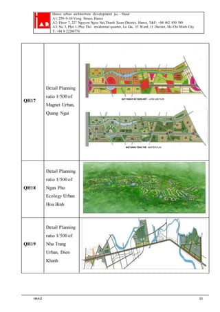 Hanoi urban architecture development jsc – Haad 
A1: 259–9-18-Vong Street, Hanoi 
A2: Floor 7, 227 Nguyen Ngoc Nai,Thanh Xuan District, Hanoi, T&F: +84 462 850 589 
A3: No 3, Plot 1, Phu Tho residential quarter, Lu Gia, 15 Ward, 11 District, Ho Chi Minh City 
T: +84 8 22286776 
QH17 
Detail Planning 
ratio 1/500 of 
Magnet Urban, 
Quang Ngai 
QH18 
Detail Planning 
ratio 1/500 of 
Ngan Pho 
Ecology Urban 
Hoa Binh 
QH19 
Detail Planning 
ratio 1/500 of 
Nha Trang 
Urban, Dien 
Khanh 
HAAD 33 
 