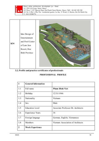 Hanoi urban architecture development jsc – Haad 
A1: 259–9-18-Vong Street, Hanoi 
A2: Floor 7, 227 Nguyen Ngoc Nai,Thanh Xuan District, Hanoi, T&F: +84 462 850 589 
A3: No 3, Plot 1, Phu Tho residential quarter, Lu Gia, 15 Ward, 11 District, Ho Chi Minh City 
T: +84 8 22286776 
HAAD 59 
K34 
Idea Design of 
Entertainment 
and Pool Center 
of Lam Son 
Resort, Hoa 
Binh Province 
3.2. Profile and practice certificates of professionals 
PROFESSIONAL PROFILE 
1 General Information 
1.1 Full name Pham Đinh Viet 
1.2 Birthday 12/31/1946 
1.3 Nationality Vietnam 
1.4 Sex Male 
1.5 Education Level Associate Professor Dr. Architects 
1.6 Experience Years 36 
1.7 Foreign language German, English, Vietnamese 
1.8 Members Vietnam Association of Architects 
2 Work Experience 
 