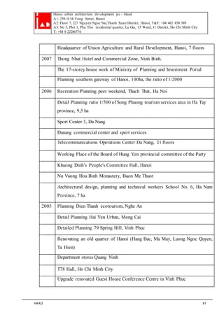 Hanoi urban architecture development jsc – Haad 
A1: 259–9-18-Vong Street, Hanoi 
A2: Floor 7, 227 Nguyen Ngoc Nai,Thanh Xuan District, Hanoi, T&F: +84 462 850 589 
A3: No 3, Plot 1, Phu Tho residential quarter, Lu Gia, 15 Ward, 11 District, Ho Chi Minh City 
T: +84 8 22286776 
Headquarter of Union Agriculture and Rural Development, Hanoi, 7 floors 
2007 Thong Nhat Hotel and Commercial Zone, Ninh Binh. 
The 17-storey house work of Ministry of Planning and Investment Portal 
Planning southern gateway of Hanoi, 100ha, the ratio of 1/2000 
2006 Recreation Planning peer weekend, Thach That, Ha Noi 
Detail Planning ratio 1/500 of Song Phuong tourism services area in Ha Tay 
province, 9,5 ha 
Sport Center 3, Da Nang 
Danang commercial center and sport services 
Telecommunications Operations Center Da Nang, 21 floors 
Working Place of the Board of Hung Yen provincial committee of the Party 
Khuong Dinh’s People's Committee Hall, Hanoi 
Nu Vuong Hoa Binh Monastery, Buon Me Thuot 
Architectural design, planning and technical workers School No. 6, Ha Nam 
Province, 7 ha 
2005 Planning Dien Thanh ecotourism, Nghe An 
Detail Planning Hai Yen Urban, Mong Cai 
Detailed Planning 79 Spring Hill, Vinh Phuc 
Renovating an old quarter of Hanoi (Hang Bac, Ma May, Luong Ngoc Quyen, 
Ta Hien) 
Department stores Quang Ninh 
T78 Hall, Ho Chi Minh City 
Upgrade renovated Guest House Conference Centre in Vinh Phuc 
HAAD 61 
 