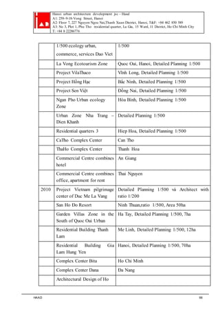 Hanoi urban architecture development jsc – Haad 
A1: 259–9-18-Vong Street, Hanoi 
A2: Floor 7, 227 Nguyen Ngoc Nai,Thanh Xuan District, Hanoi, T&F: +84 462 850 589 
A3: No 3, Plot 1, Phu Tho residential quarter, Lu Gia, 15 Ward, 11 District, Ho Chi Minh City 
T: +84 8 22286776 
1/500 ecology urban, 
commerce, services Dao Viet 
1/500 
La Vong Ecotourism Zone Quoc Oai, Hanoi, Detailed Planning 1/500 
Project VilaThaco Vĩnh Long, Detailed Planning 1/500 
Project Hồng Hạc Bắc Ninh, Detailed Planning 1/500 
Project Sen Việt Đồng Nai, Detailed Planning 1/500 
Ngan Pho Urban ecology 
Zone 
Hòa Bình, Detailed Planning 1/500 
Urban Zone Nha Trang – 
Dien Khanh 
Detailed Planning 1/500 
Residential quarters 3 Hiep Hoa, Detailed Planning 1/500 
CaTho Complex Center Can Tho 
ThaHo Complex Center Thanh Hoa 
Commercial Centre combines 
hotel 
An Giang 
Commercial Centre combines 
office, apartment for rent 
Thai Nguyen 
2010 Project Vietnam pilgrimage 
center of Duc Me La Vang 
Detailed Planning 1/500 và Architect with 
ratio 1/200 
San Ho Đo Resort Ninh Thuan,ratio 1/500, Area 50ha 
Garden Villas Zone in the 
South of Quoc Oai Urban 
Ha Tay, Detailed Planning 1/500, 7ha 
Residential Building Thanh 
Lam 
Me Linh, Detailed Planning 1/500, 12ha 
Residential Building Gia 
Lam Hung Yen 
Hanoi, Detailed Planning 1/500, 70ha 
Complex Center Bita Ho Chi Minh 
Complex Center Dana Đa Nang 
Architectural Design of Ho 
HAAD 66 
 