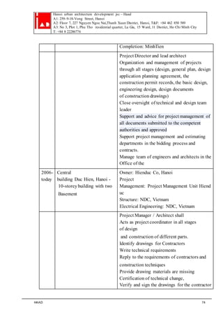 Hanoi urban architecture development jsc – Haad 
A1: 259–9-18-Vong Street, Hanoi 
A2: Floor 7, 227 Nguyen Ngoc Nai,Thanh Xuan District, Hanoi, T&F: +84 462 850 589 
A3: No 3, Plot 1, Phu Tho residential quarter, Lu Gia, 15 Ward, 11 District, Ho Chi Minh City 
T: +84 8 22286776 
Completion: MinhTien 
Project Director and lead architect 
Organization and management of projects 
through all stages (design, general plan, design 
application planning agreement, the 
construction permit records, the basic design, 
engineering design, design documents 
of construction drawings) 
Close oversight of technical and design team 
leader 
Support and advice for project management of 
all documents submitted to the competent 
authorities and approved 
Support project management and estimating 
departments in the bidding process and 
contracts. 
Manage team of engineers and architects in the 
Office of the 
2006- 
today 
Central 
building Duc Hien, Hanoi - 
10-storey building with two 
Basement 
Owner: Hienduc Co, Hanoi 
Project 
Management: Project Management Unit Hiend 
uc 
Structure: NDC, Vietnam 
Electrical Engineering: NDC, Vietnam 
Project Manager / Architect shall 
Acts as project coordinator in all stages 
of design 
and construction of different parts. 
Identify drawings for Contractors 
Write technical requirements 
Reply to the requirements of contractors and 
construction techniques 
Provide drawing materials are missing 
Certification of technical change, 
Verify and sign the drawings for the contractor 
HAAD 74 
 