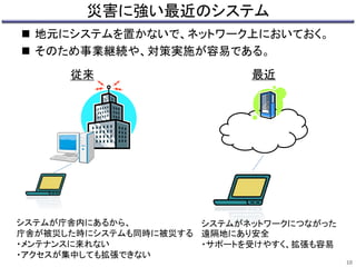 災害に強い最近のシステム 
 地元にシステムを置かないで、ネットワーク上においておく。 
 そのため事業継続や、対策実施が容易である。 
10 
従来最近 
システムが庁舎内にあるから、 
庁舎が被災した時にシステムも同時に被災する 
・メンテナンスに来れない 
・アクセスが集中しても拡張できない 
システムがネットワークにつながった 
遠隔地にあり安全 
・サポートを受けやすく、拡張も容易 
 