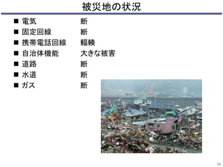 被災地の状況 
 電気断 
 固定回線断 
 携帯電話回線輻輳 
 自治体機能大きな被害 
 道路断 
 水道断 
 ガス断 
16 
 