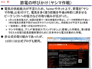 節電の呼びかけ（ヤシマ作戦） 
3/11 民 
 電気の供給能力が不足たため、Twitterやネット上で、節電を「ヤシ 
マ作戦」と名付けて、電気を多く使う炊飯を午後6時前に済ませる 
ピークシフトへの協力などの取り組みが広がった。 
 3月12日東京電力が、地震の影響で一部の発電所が停止し、ピーク時間帯の午後6～ 
7時の電気の需要予想が3800万キロワットなのに対し、供給能力が不足すると発表 
 一般家庭に、節電への協力を呼びかけ。 
 ヤシマ作戦は、アニメ「新世紀エヴァンゲリオン」に登場した作戦名。第5使徒 
ラミエルを狙う超長距離射撃のために日本中から電力を集めた作戦。 
 非公式の取り組みであったが、 
13日には公式ブログも賛同。 
23 
 