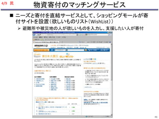 物資寄付のマッチングサービス 
 ニーズと寄付を直結サービスとして、ショッピングモールが寄 
付サイトを設置（欲しいものリスト（WishList）） 
 避難所や被災地の人が欲しいものを入力し、支援したい人が寄付 
4/9 民 
46 
 
