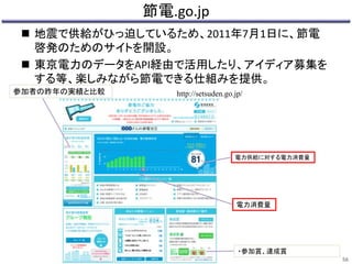 節電.go.jp 
 地震で供給がひっ迫しているため、2011年7月1日に、節電 
啓発のためのサイトを開設。 
 東京電力のデータをAPI経由で活用したり、アイディア募集を 
する等、楽しみながら節電できる仕組みを提供。 
参加者の昨年の実績と比較http://setsuden.go.jp/ 
電力供給に対する電力消費量 
電力消費量 
・参加賞、達成賞 
56 
 
