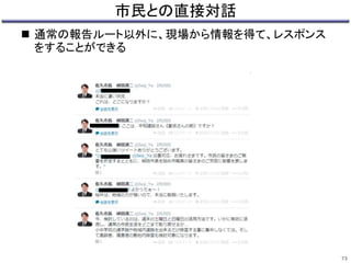 市民との直接対話 
 通常の報告ルート以外に、現場から情報を得て、レスポンス 
をすることができる 
73 
 