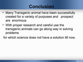 Conclusion
• Many Transgenic animal have been successfully
created for a variety of purposes and prospect
are enormous
• With proper research and careful use the
transgenic animals can go along way in solving
problems
for which science does not have a solution till now.
 
