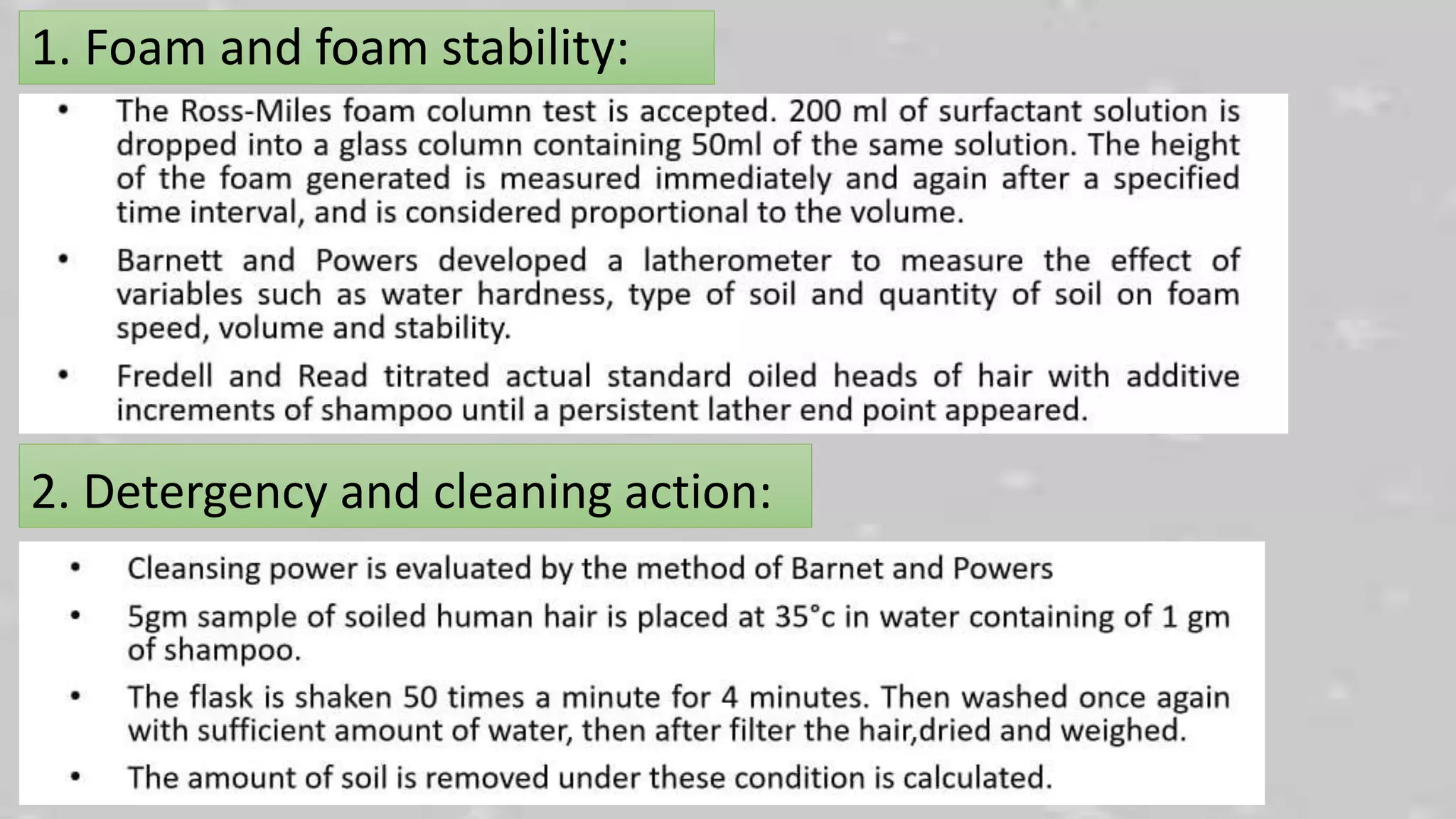1. Foam and foam stability:
2. Detergency and cleaning action:
 