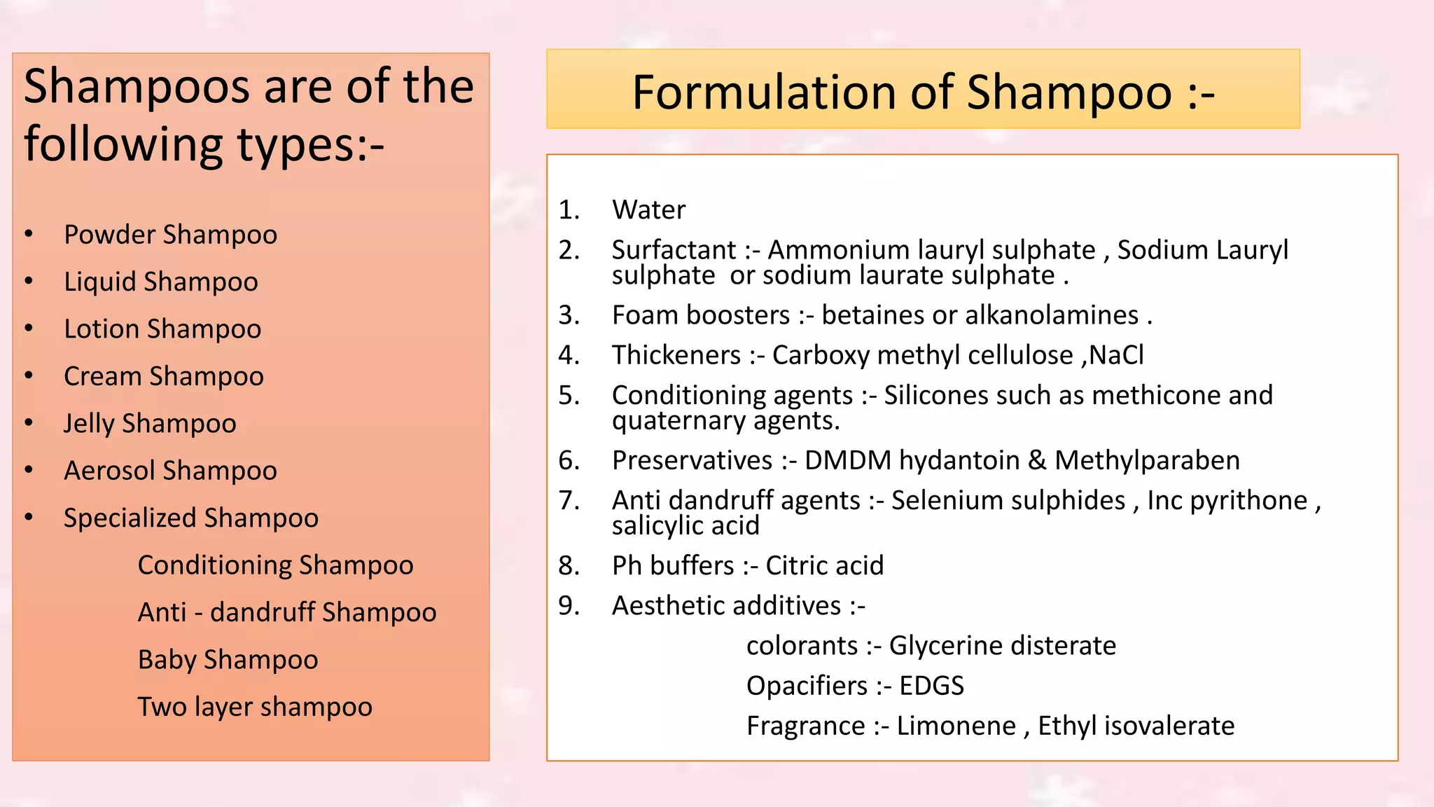 Shampoos are of the
following types:-
• Powder Shampoo
• Liquid Shampoo
• Lotion Shampoo
• Cream Shampoo
• Jelly Shampoo
• Aerosol Shampoo
• Specialized Shampoo
Conditioning Shampoo
Anti ‐ dandruff Shampoo
Baby Shampoo
Two layer shampoo
Formulation of Shampoo :-
1. Water
2. Surfactant :- Ammonium lauryl sulphate , Sodium Lauryl
sulphate or sodium laurate sulphate .
3. Foam boosters :- betaines or alkanolamines .
4. Thickeners :- Carboxy methyl cellulose ,NaCl
5. Conditioning agents :- Silicones such as methicone and
quaternary agents.
6. Preservatives :- DMDM hydantoin & Methylparaben
7. Anti dandruff agents :- Selenium sulphides , Inc pyrithone ,
salicylic acid
8. Ph buffers :- Citric acid
9. Aesthetic additives :-
colorants :- Glycerine disterate
Opacifiers :- EDGS
Fragrance :- Limonene , Ethyl isovalerate
 