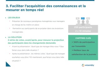 3. Faciliter l’acquisition des connaissances et la 
mesurer en temps réel 
" LES ENJEUX 
• Présenter de nouveaux paradigmes managériaux aux managers 
en charge de les mettre en place 
• Permettre aux participants de se projeter dans ces évolutions 
managériales 
CHIFFRES CLÉS 
" > 100% de participation 
sur l’ensemble 
" > Meilleur taux de 
satisfaction de la journée 
" LA SOLUTION 
2 séries de votes, avant/après, pour mesurer la projection 
des participants dans les changements demandés 
• Avant la présentation : Quel type de manager êtes-vous ? Que 
feriez-vous dans telle situation ? 
• Après la présentation : les mêmes votes : Quel type de manager 
souhaitez-vous être ? Et maintenant, que feriez-vous dans telle 
situation ? 
 