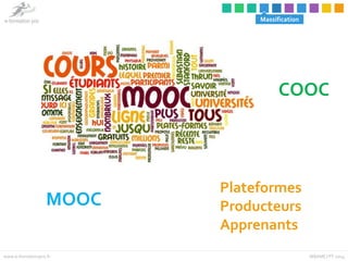 Massification 
COOC 
Plateformes 
Producteurs 
Apprenants 
MOOC 
www.e-formationpro.fr MBAMCI PT 2014 
 