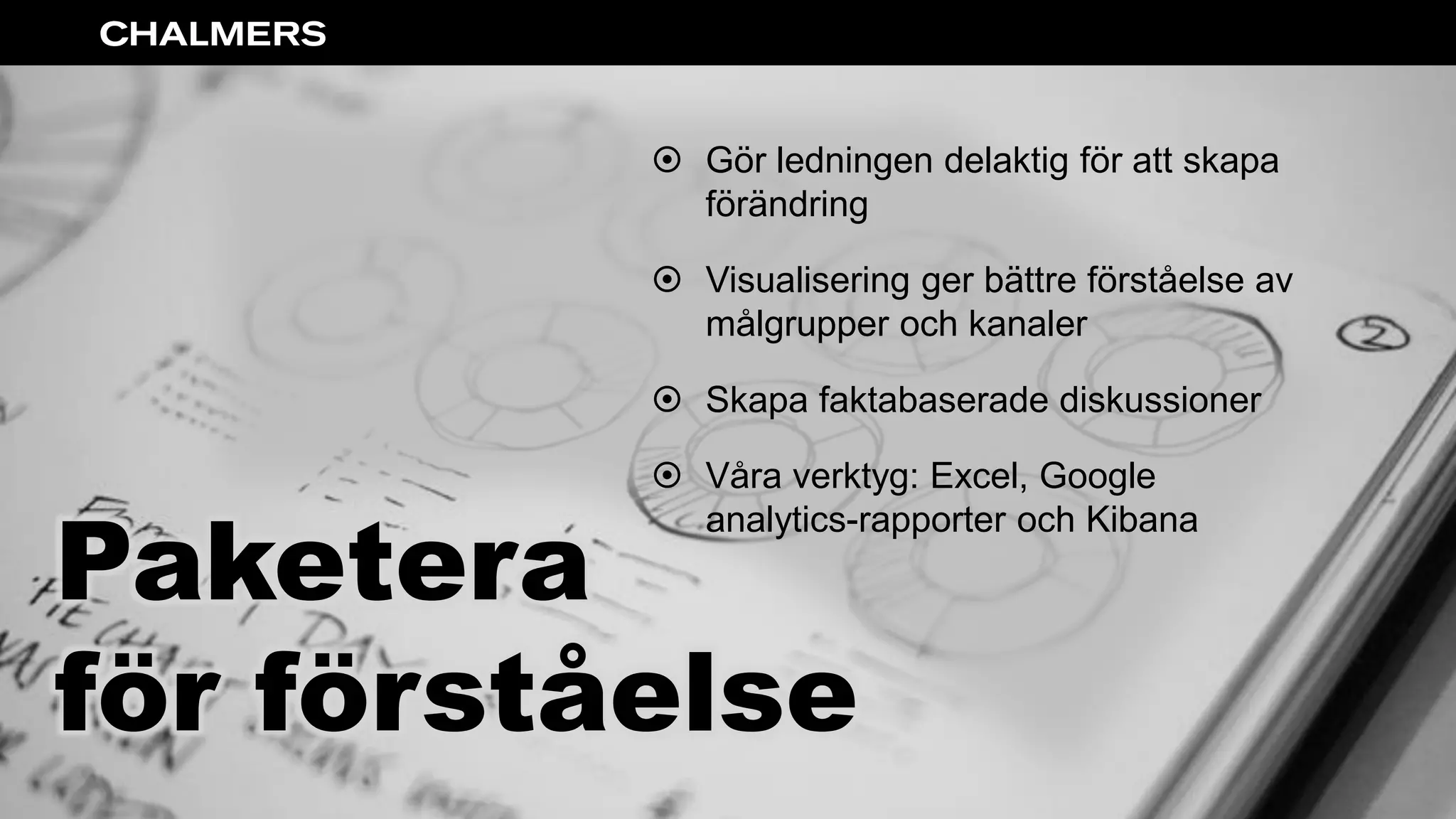 Paketera för förståelse
Paketera
för förståelse
 Gör ledningen delaktig för att skapa
förändring
 Visualisering ger bättre förståelse av
målgrupper och kanaler
 Skapa faktabaserade diskussioner
 Våra verktyg: Excel, Google
analytics-rapporter och Kibana
 