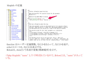 bloginfo の定義 
function はユーザー定義関数。なにかをもらって、なにかを返す。 
echo（エコー）は、なにかを表示する。 
$showは、showという名前の変数（格納場所）を示す。 
<?php bloginfo( ‘name’ ); ?>で呼ばれているので、$showには、’name’が入って 
いる。 
 