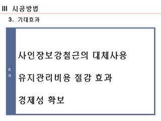 2011. 00. 작성자 Ⅲ 시공방법 
3. 기대효과 
효 
과 
사인장보강철근의 대체사용 
유지관리비용 절감 효과 
경제성 확보 
 
